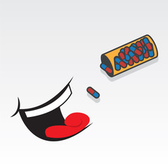 Pills pouring into floating mouth