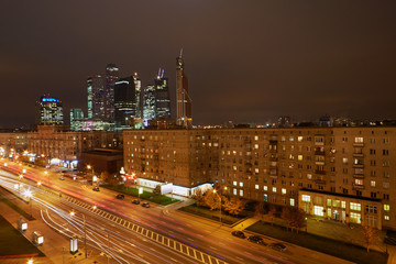 Kutuzov Avenue and Moskva-city in evening