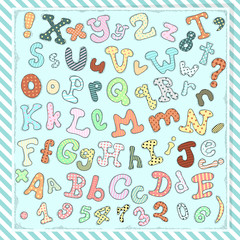 Hand drawn cute letters, numbers and symbols