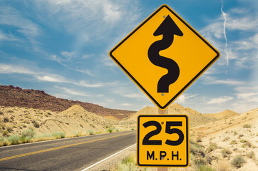 A Curvy road Sign in Arches National Park, Utah