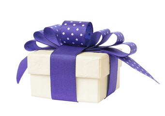 Gift box with blue bow isolated on white