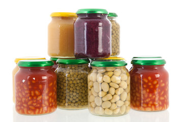 Row pots with canned vegetables