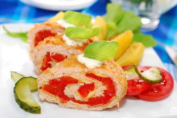 turkey roulade stuffed with cheese and red pepper