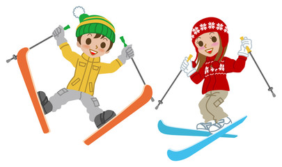 Skiing kids  jumping, Isolated