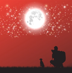 Men and dog at the beautiful full moon vector illustration