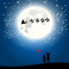 Christmas children of Santa and his reindeer on full moon