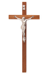 A wooden cross with Jesus isolated on white