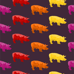 Abstract triangular pig on a violet background. Seamless pattern