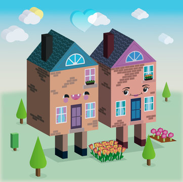 Houses in love vector 3D graphic illustration