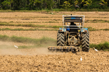 Obraz premium Farmer working on him tractor plowing land in spring