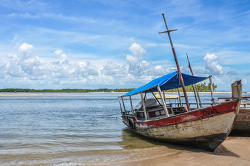 Local rustic sailboat at Boipeba Island, Bahia, Brazil. South Am