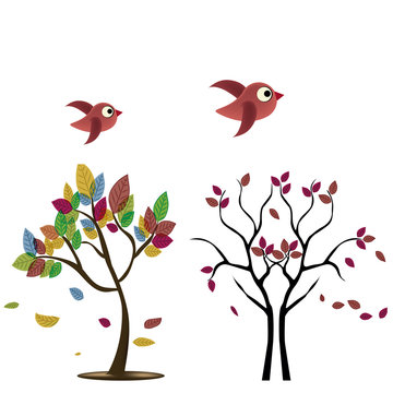 two trees with birds