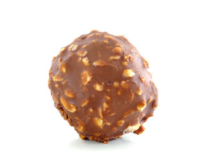 Chocolate ball with almond on white background.