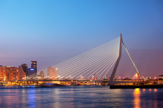 Erasmus Bridge In Rotterdam At Twilight