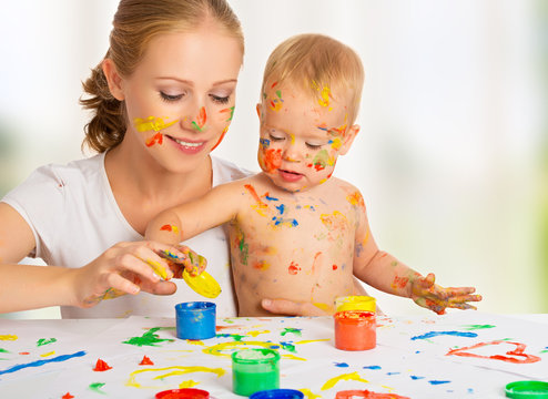 mother and baby paint colors hands dirty