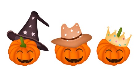 Three Happy Jack-o-Lantern Pumpkins in Halloween Hat