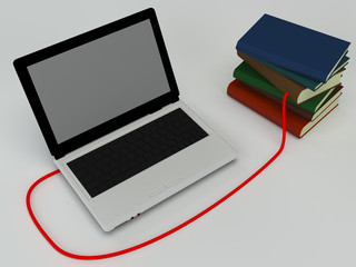 Stack of Multicolor Books and laptop on White Background