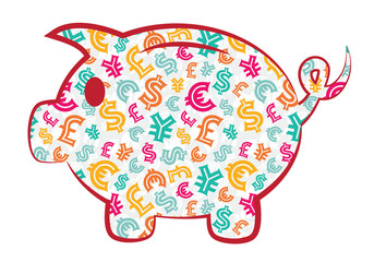 Colorful Piggy Bank with currency signs