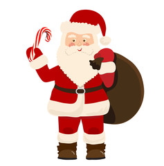 Cartoon Santa Claus with a bag of gifts and candy