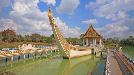 Thai temple on Suphannahong ship against blue sky