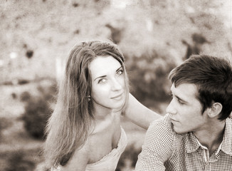 artwork  in retro style,  young couple