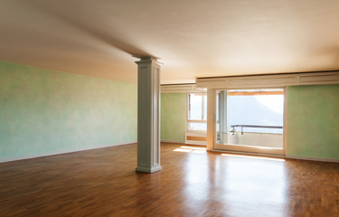 Interior, empty apartment classic, large room with windows