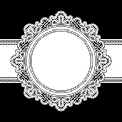 White lace, round frame on black