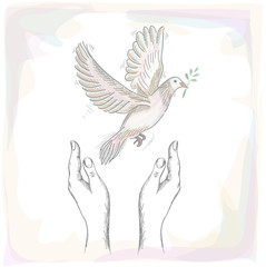 Human hands and peace dove illustration EPS10 file.