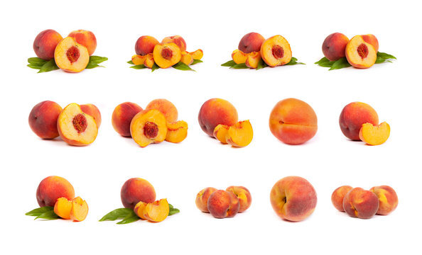 Set of tasty juicy peaches with slices on a white background