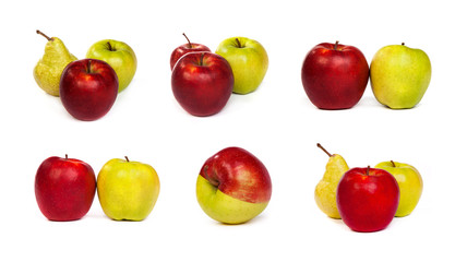 set of pears and red apples and  green apples isolated on white