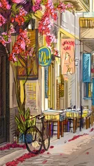 Papier Peint photo Café de rue dessiné Rue de Rome - illustration