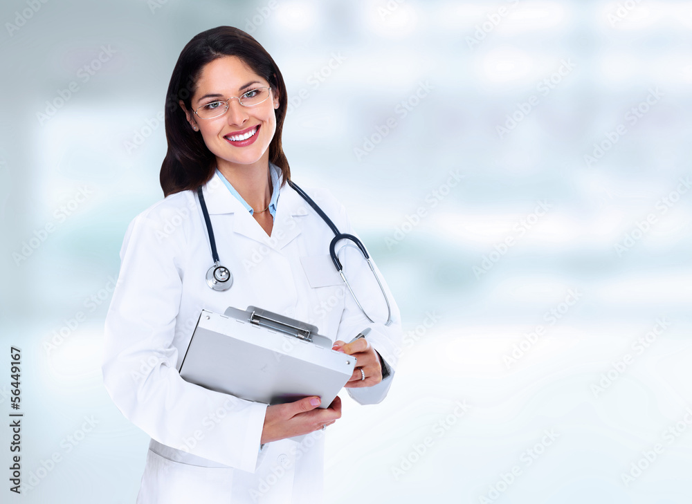 Sticker smiling medical doctor woman.