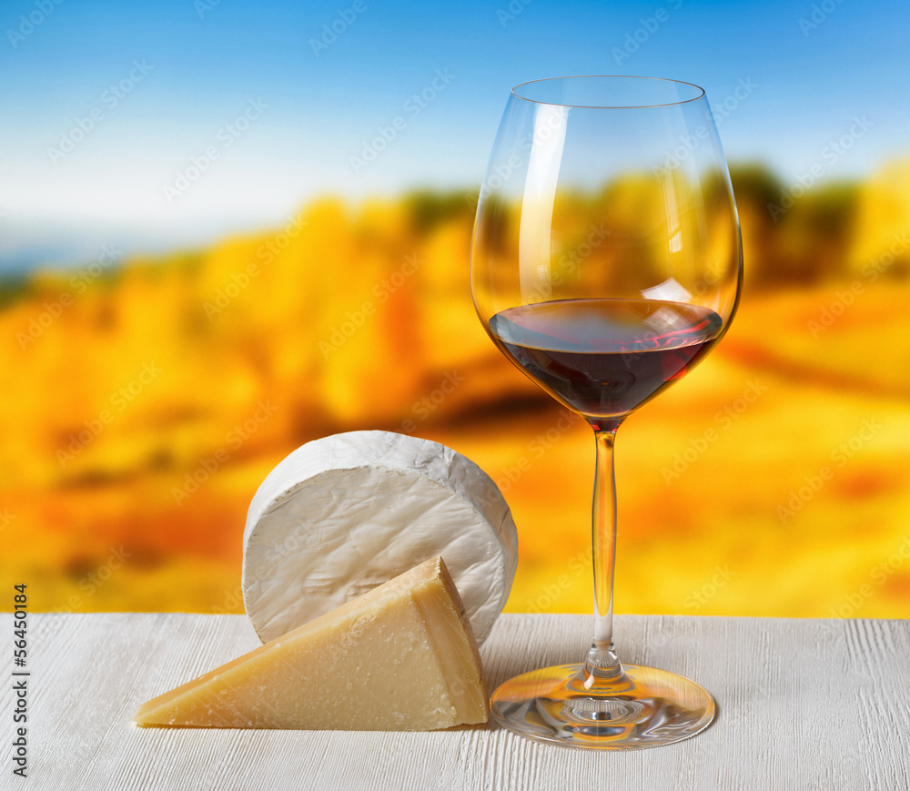 Wall mural Cheese and glass of wine on nature background