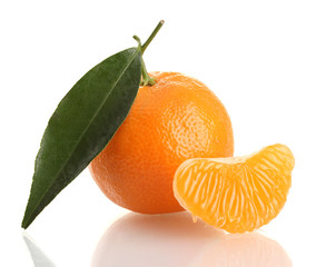 Ripe sweet tangerine with leaf, isolated on white