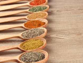 Assortment of spices in wooden spoons on wooden background