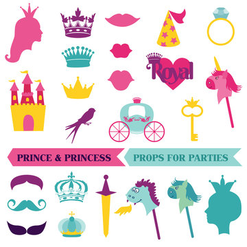 Prince and Priness Party set - photobooth props - crown, mustach