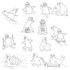 Penguins - Christmas Set - for design and scrapbook - in vector