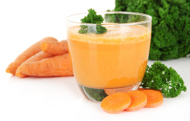 Fresh carrot juice isolated on white