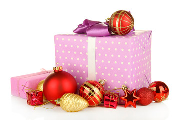 Gifts with christmas balls, isolated on white