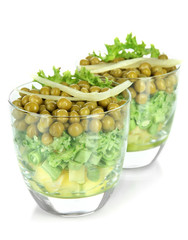 Tasty salad with fresh vegetables, isolated on white