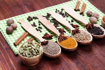 Poster Various spices and herbs on table close up © Africa Studio