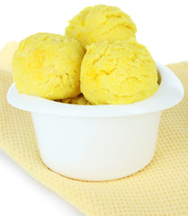 Tasty ice cream scoops in bowl, isolated on white