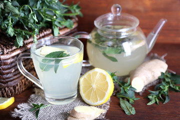 Kettle and cup of tea with ginger