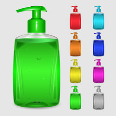 Set of multicolored bottles of liquid soap