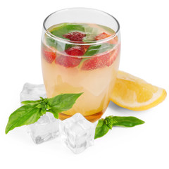Basil lemonade with strawberry in glass, isolated on white