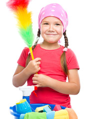 Young girl is dressed as a cleaning maid