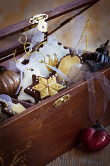 Homemade christmas cookies in wooden gift box