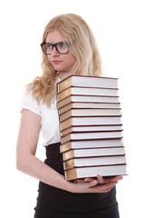 Beautiful young woman with books white background