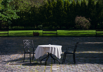 Restaurant table in backyard, on background of green lawn