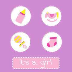 Baby girl shower card with bottle, horse, rattle and sock.